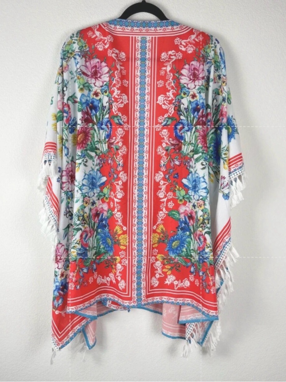 Umgee Coral & Blue Floral Kimono with Fringe Trim - Picture 2 of 5